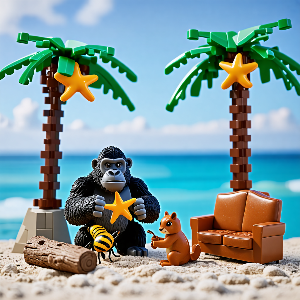 bee, snail, log, starfish, couch, squirrel, gorilla, lego, rock, palm tree